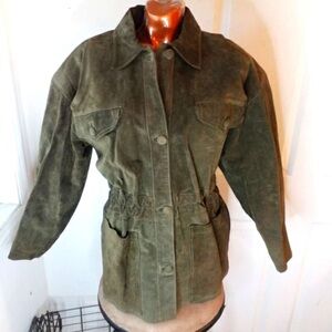 Olive Green Women's Suede Jacket with Cinched Waist